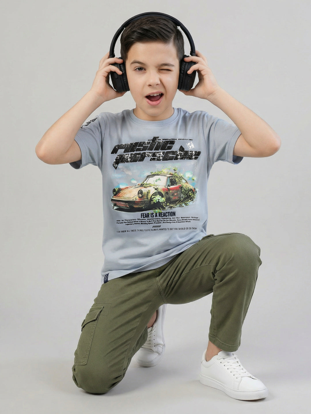 Boys Grey Printed Round Neck Half Sleeve T-Shirt