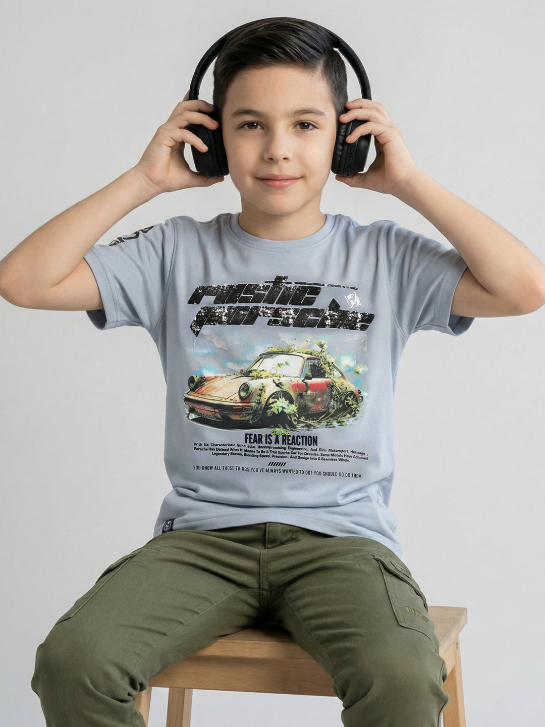 Boys Grey Printed Round Neck Half Sleeve T-Shirt
