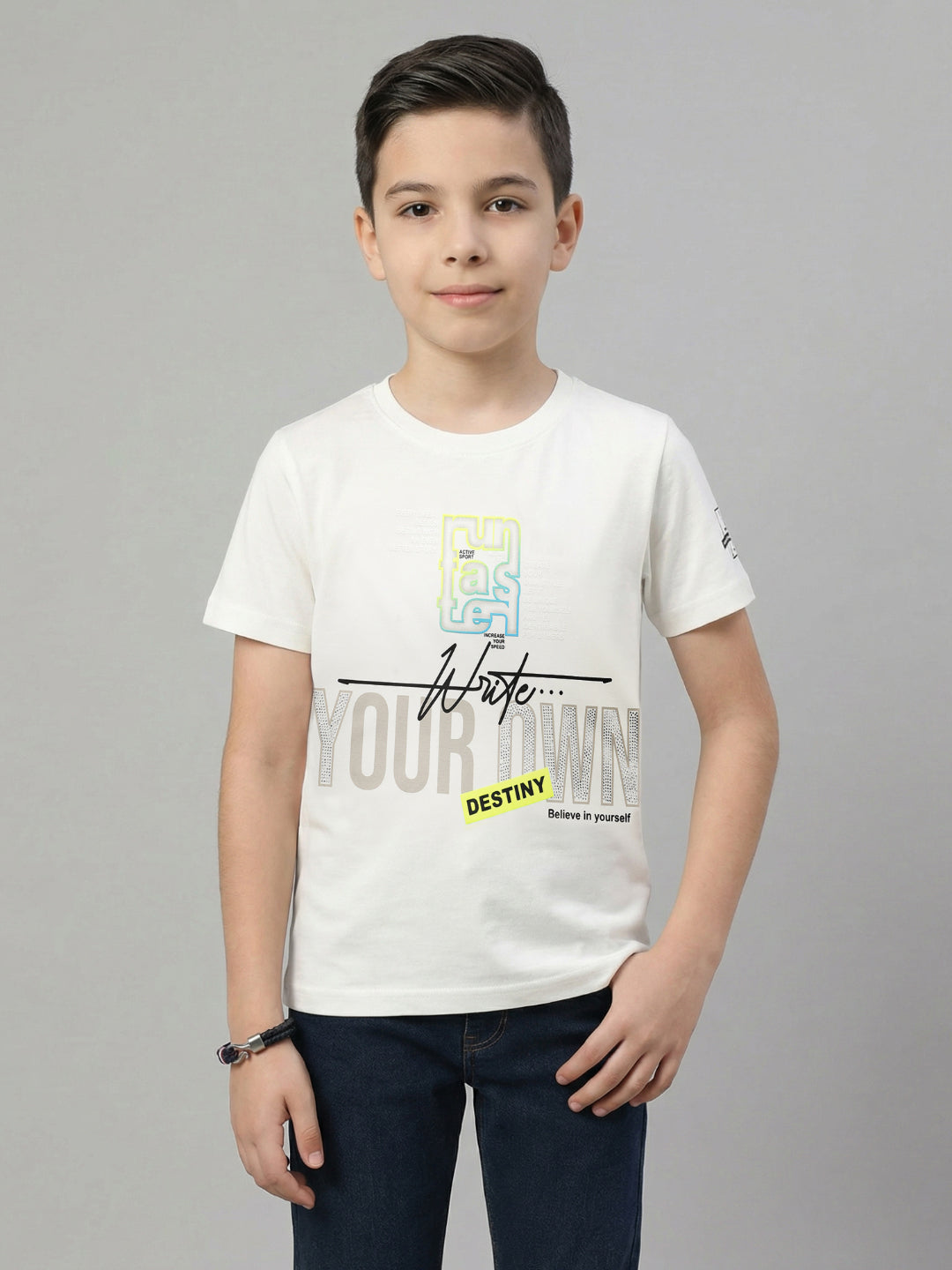 Boys Off White Printed Round Neck Half Sleeve T-Shirt