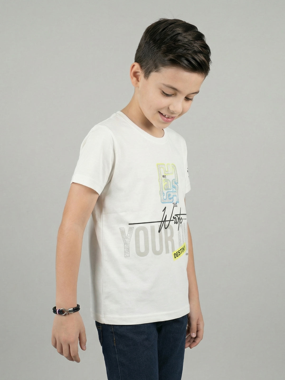 Boys Off White Printed Round Neck Half Sleeve T-Shirt