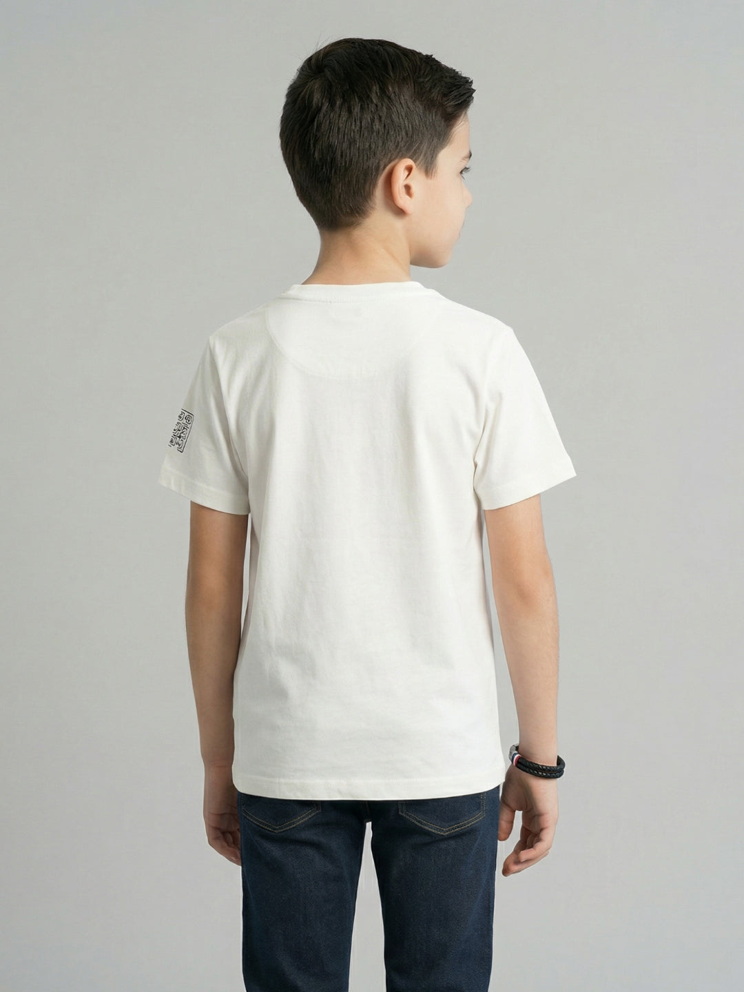 Boys Off White Printed Round Neck Half Sleeve T-Shirt
