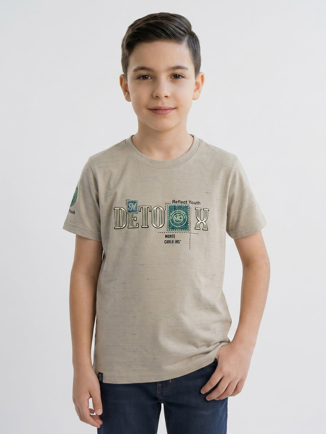 Boys Beige Printed Round Neck Half Sleeve T-Shirt