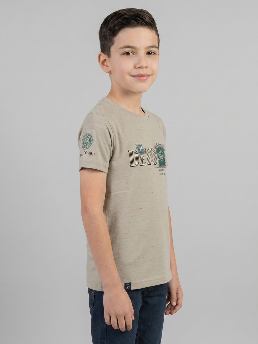 Boys Beige Printed Round Neck Half Sleeve T-Shirt