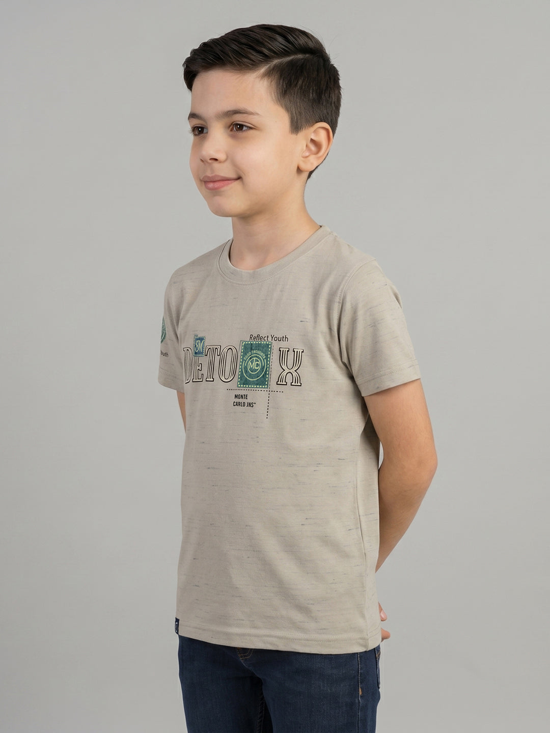 Boys Beige Printed Round Neck Half Sleeve T-Shirt