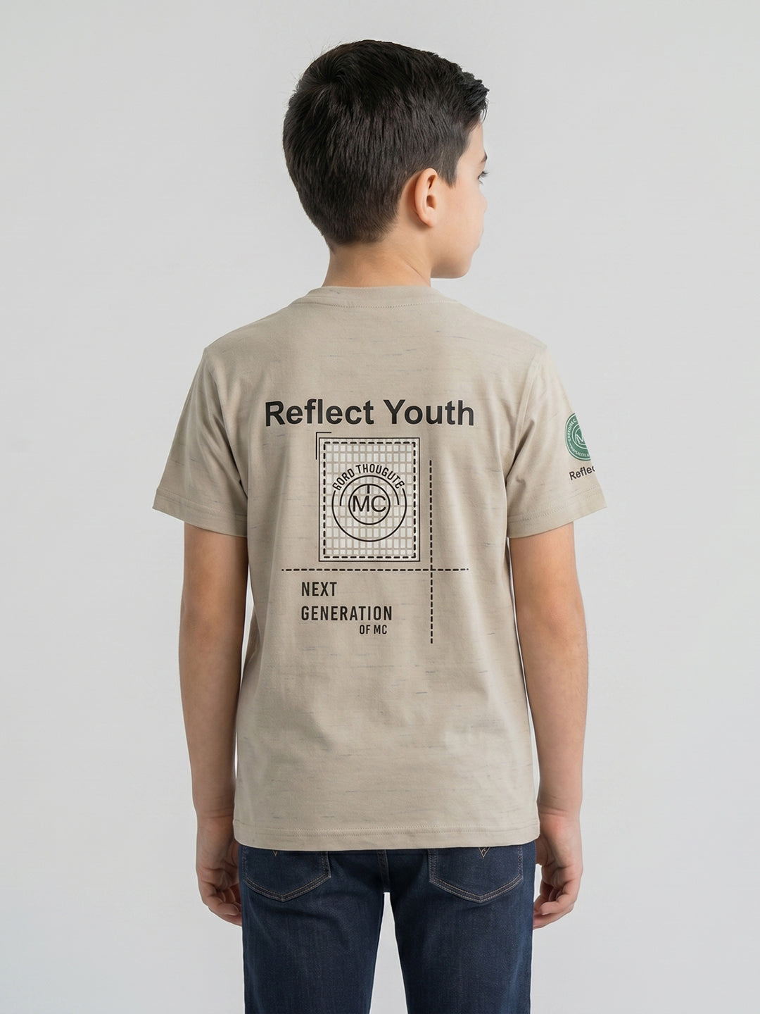 Boys Beige Printed Round Neck Half Sleeve T-Shirt