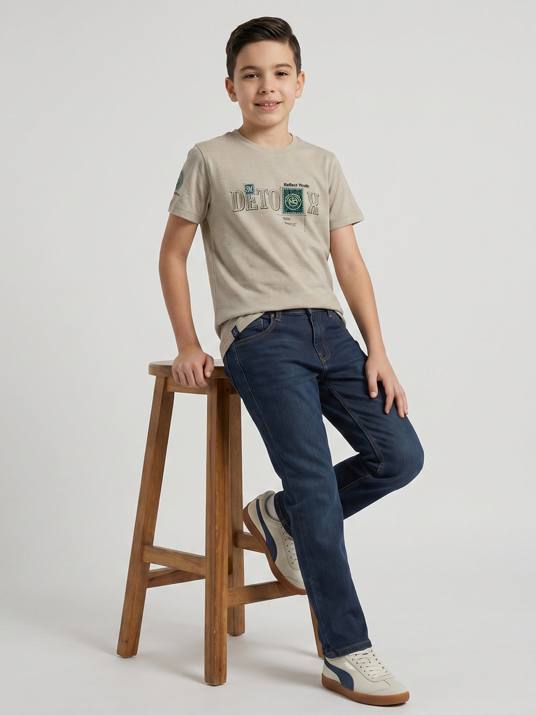 Boys Beige Printed Round Neck Half Sleeve T-Shirt