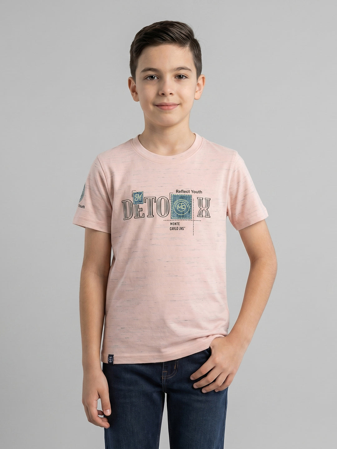 Boys Peach Printed Round Neck Half Sleeve T-Shirt