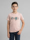 Boys Peach Printed Round Neck Half Sleeve T-Shirt