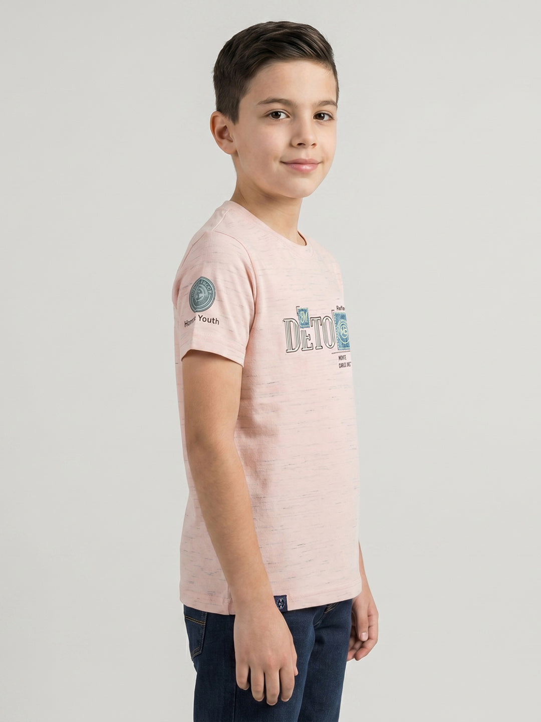 Boys Peach Printed Round Neck Half Sleeve T-Shirt