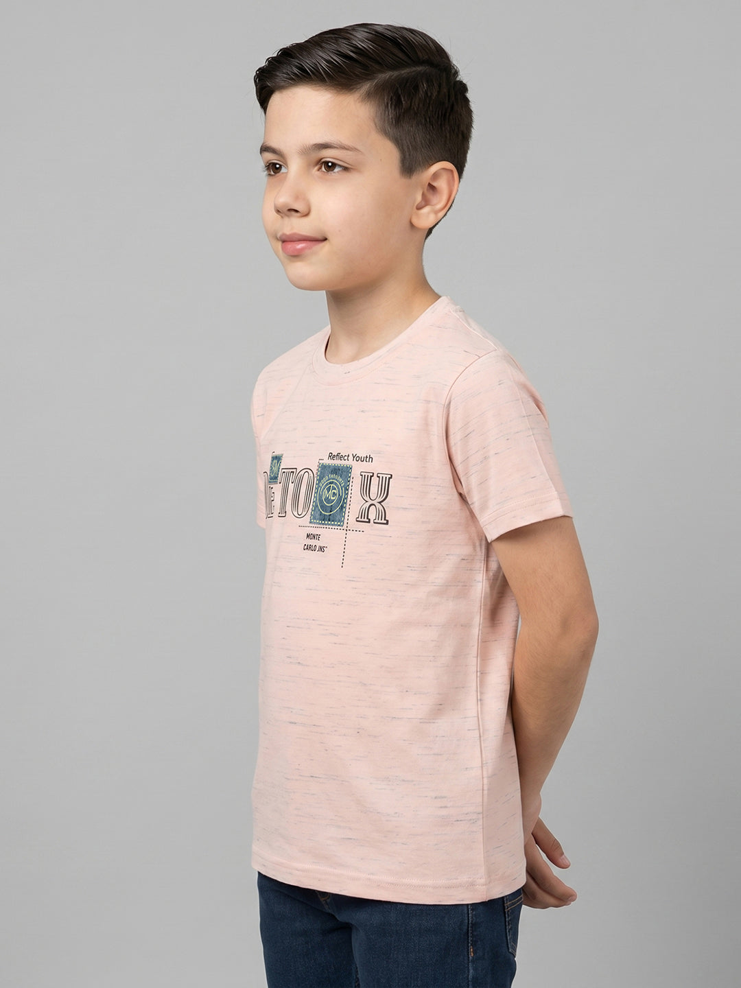 Boys Peach Printed Round Neck Half Sleeve T-Shirt