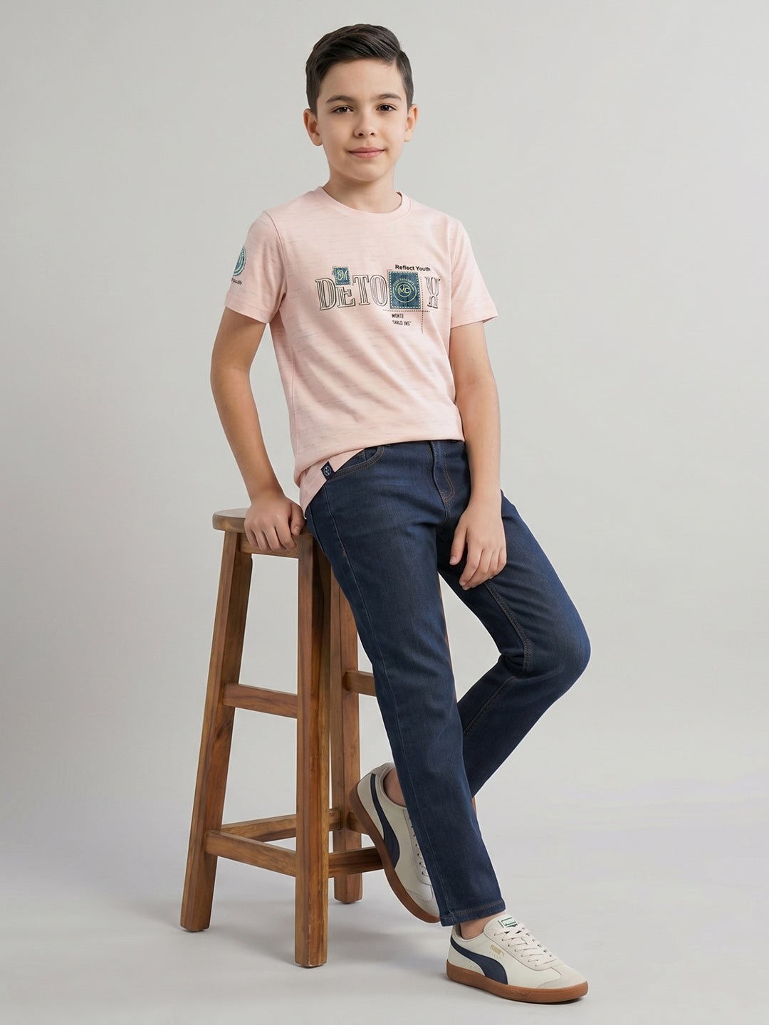 Boys Peach Printed Round Neck Half Sleeve T-Shirt