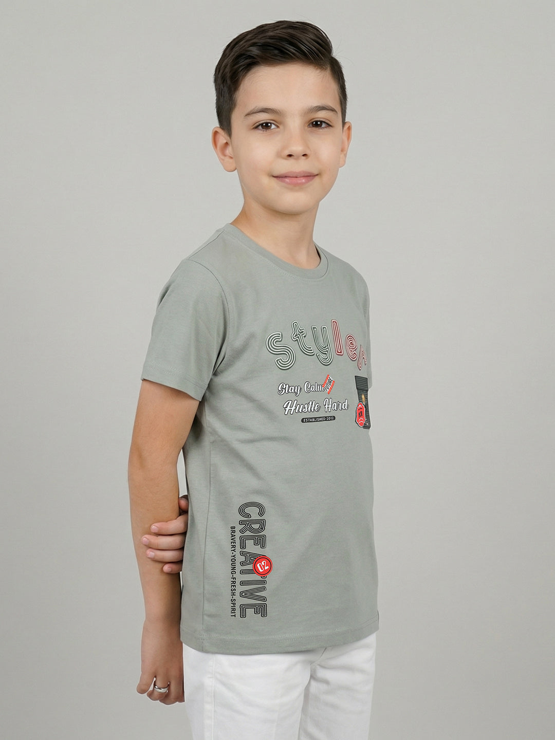Boys Grey Printed Round Neck Half Sleeve T-Shirt