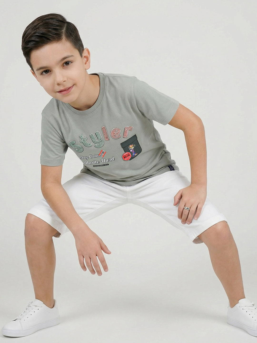 Boys Grey Printed Round Neck Half Sleeve T-Shirt