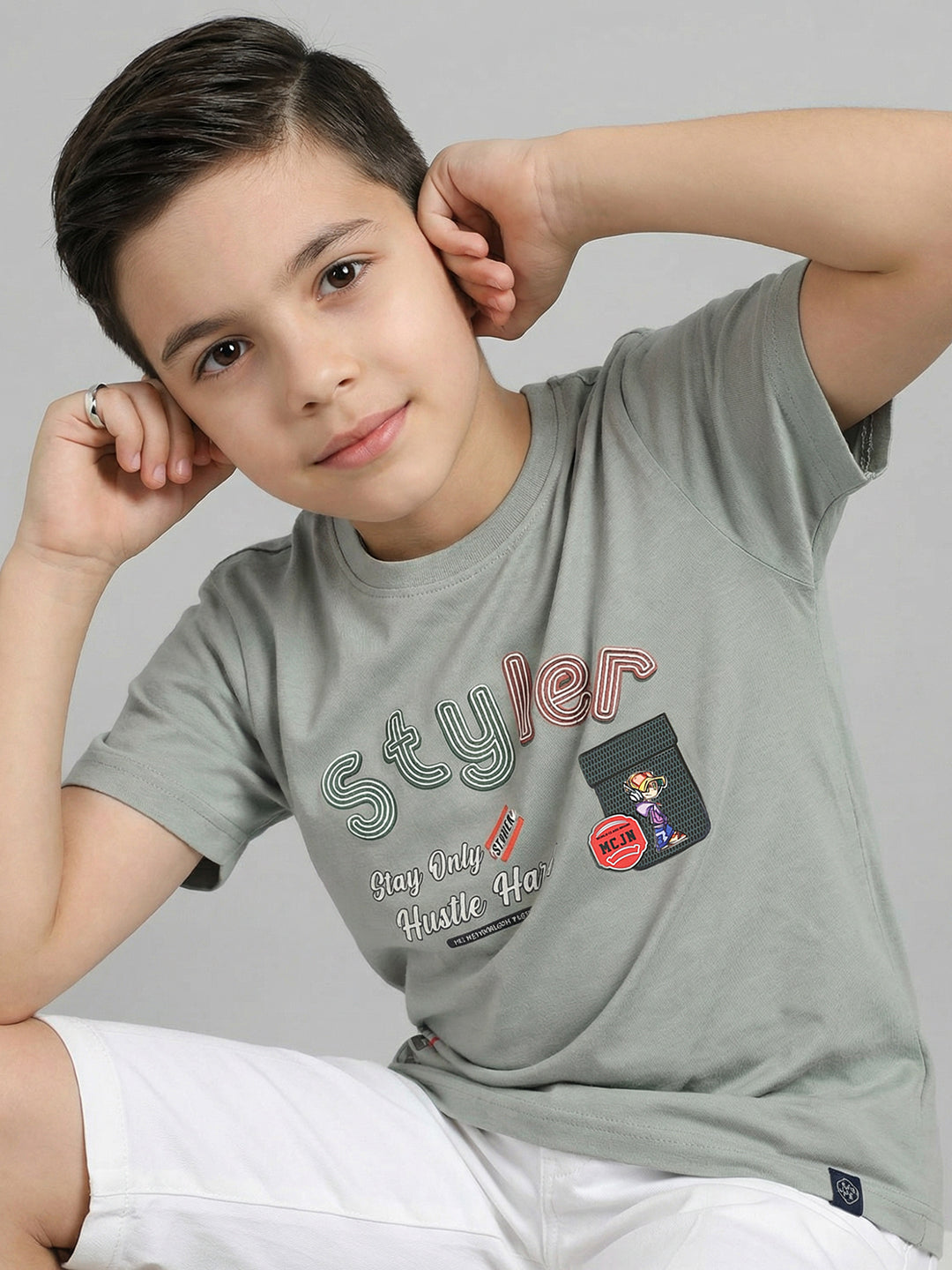 Boys Grey Printed Round Neck Half Sleeve T-Shirt