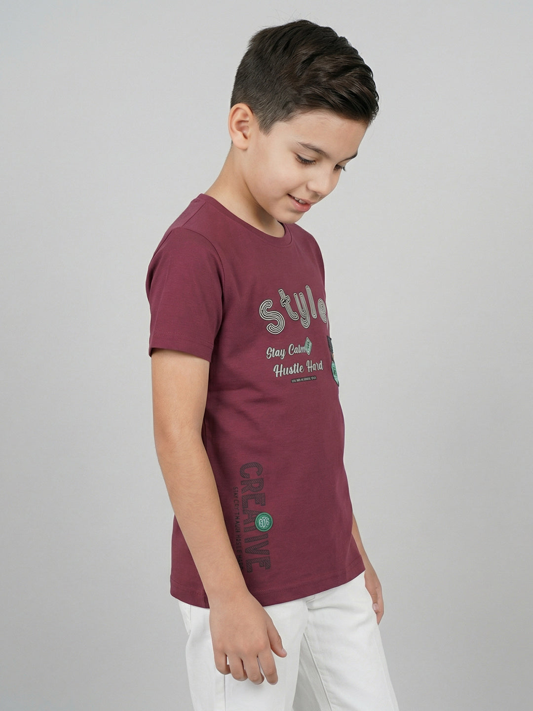 Boys Magenta Printed Round Neck Half Sleeve T-Shirt