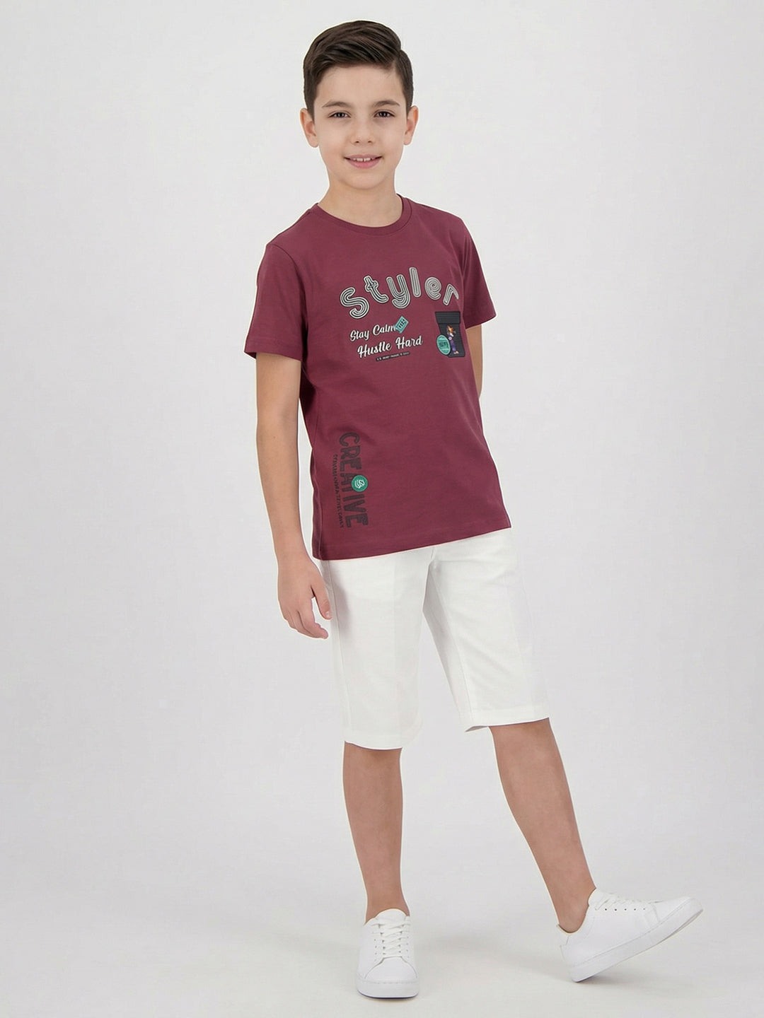 Boys Magenta Printed Round Neck Half Sleeve T-Shirt