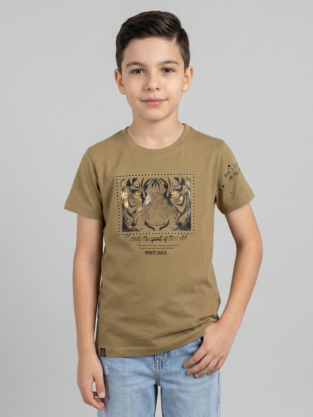 Boys Camel Brown Printed Round Neck Half Sleeve T-Shirt