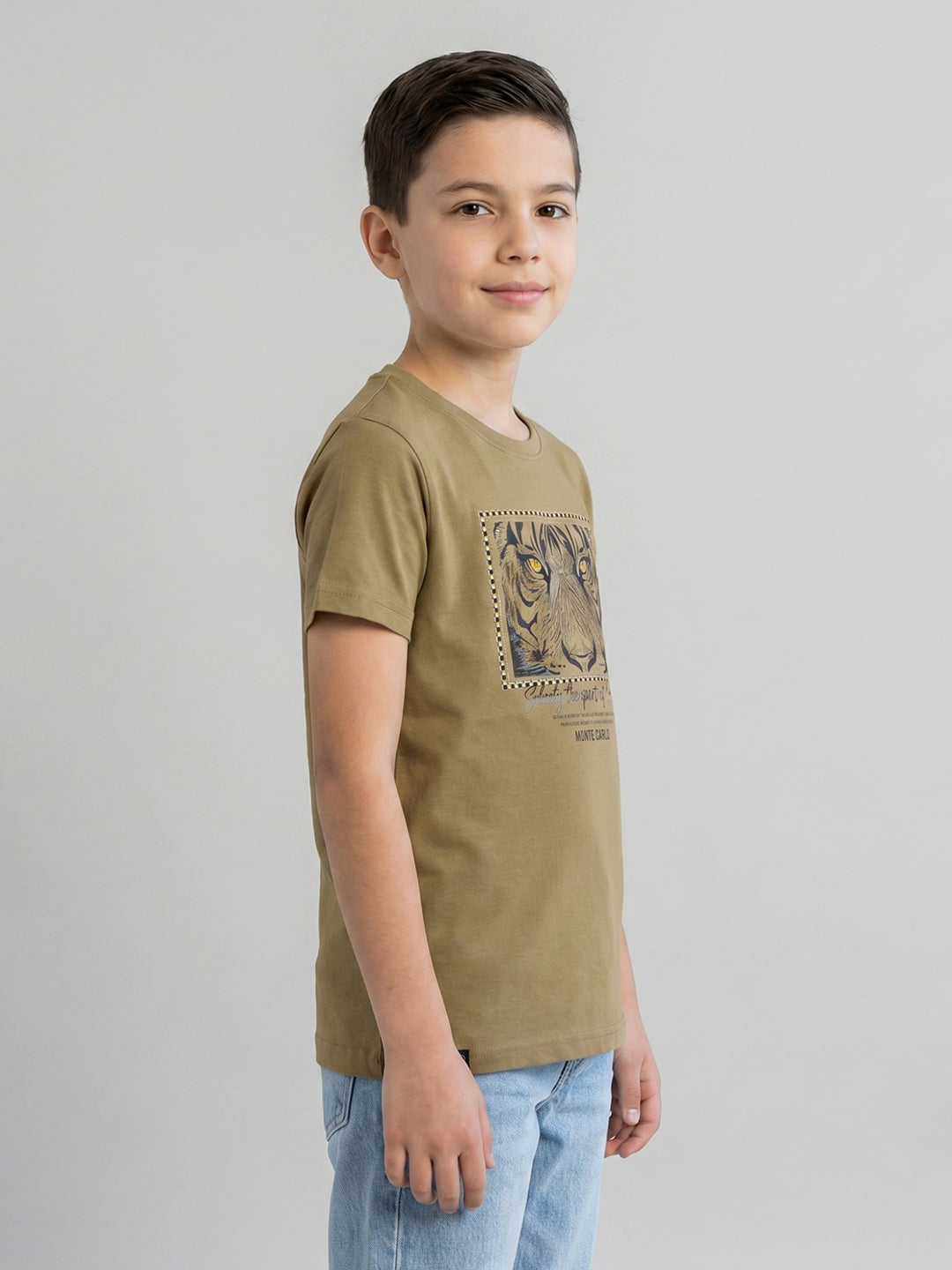Boys Camel Brown Printed Round Neck Half Sleeve T-Shirt
