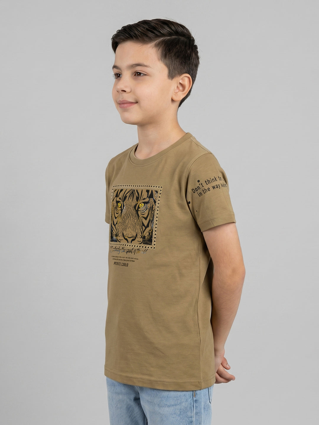 Boys Camel Brown Printed Round Neck Half Sleeve T-Shirt