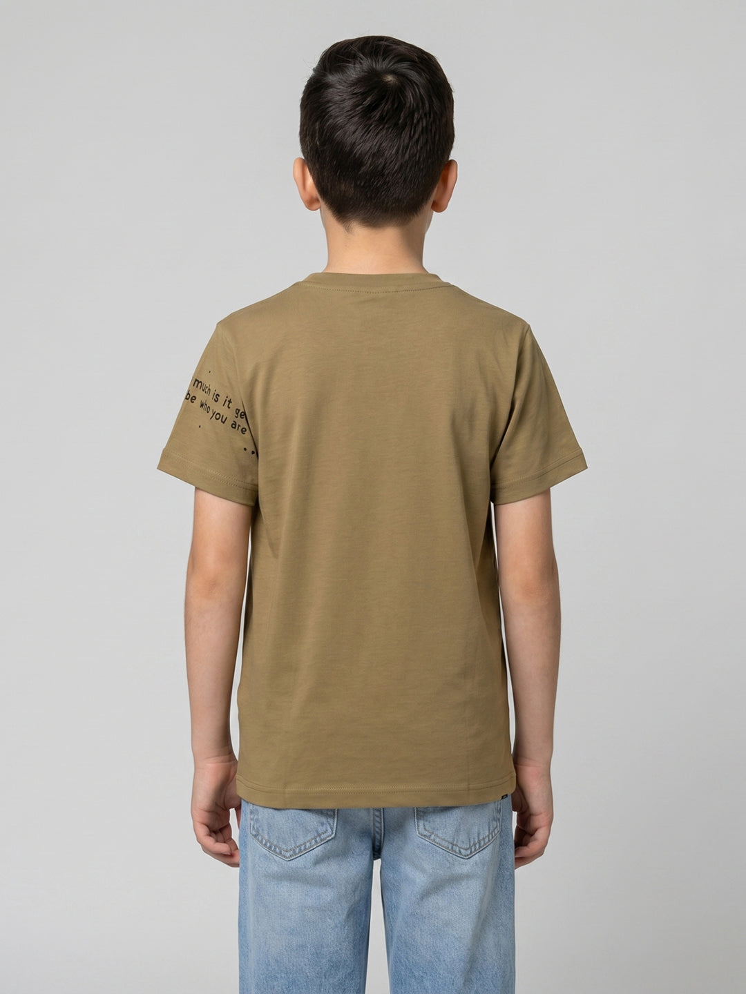 Boys Camel Brown Printed Round Neck Half Sleeve T-Shirt