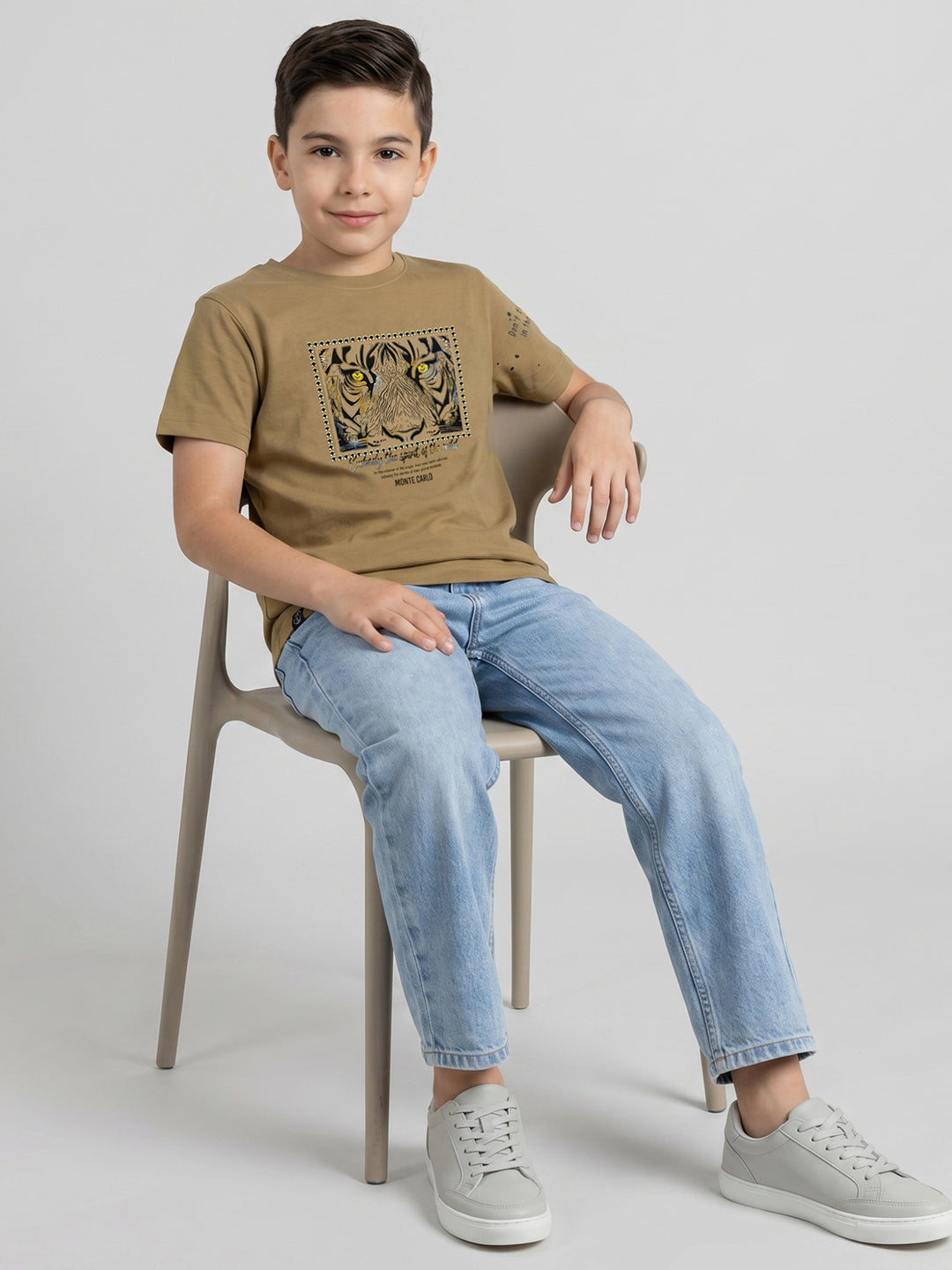 Boys Camel Brown Printed Round Neck Half Sleeve T-Shirt