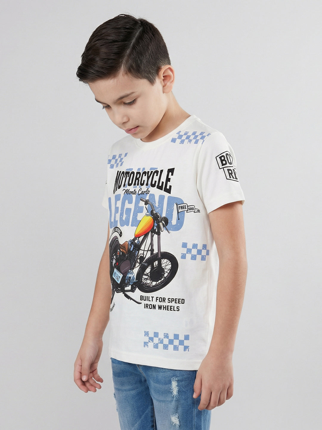 Boys Off White Printed Round Neck Half Sleeve T-Shirt