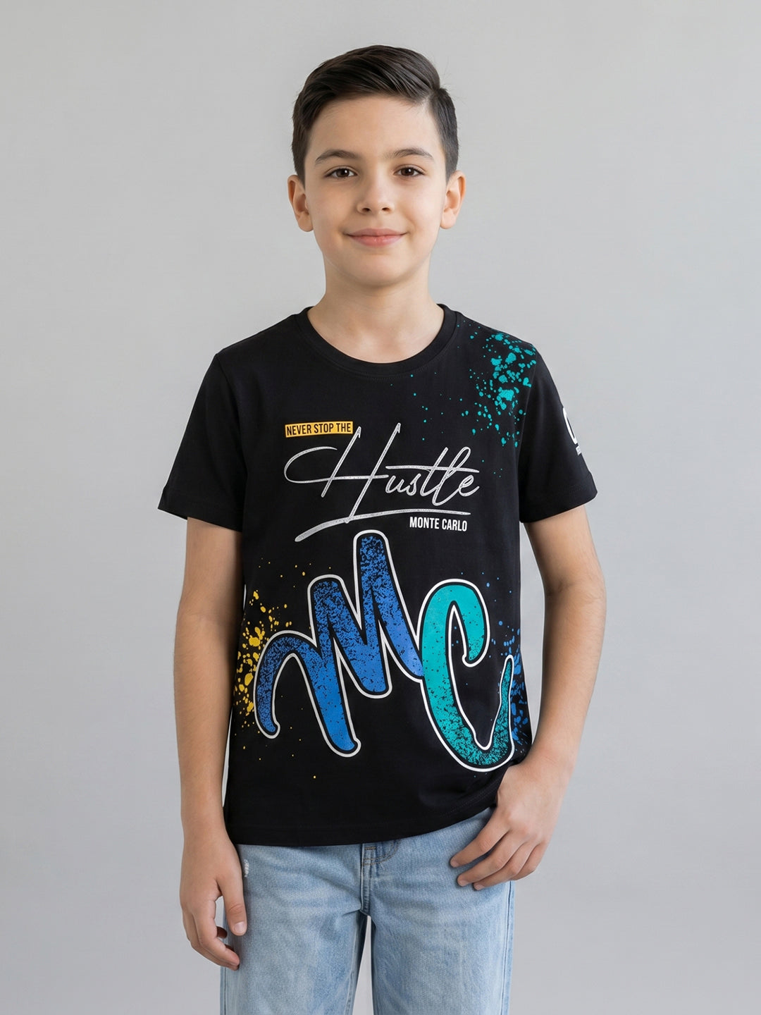Boys Black Printed Round Neck Half Sleeve T-Shirt