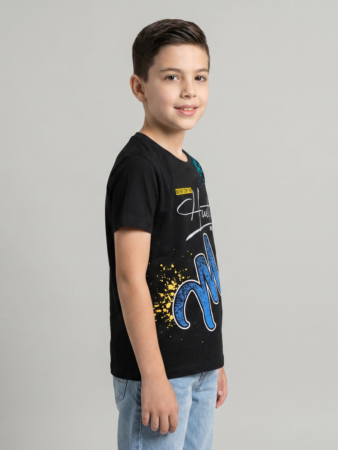 Boys Black Printed Round Neck Half Sleeve T-Shirt