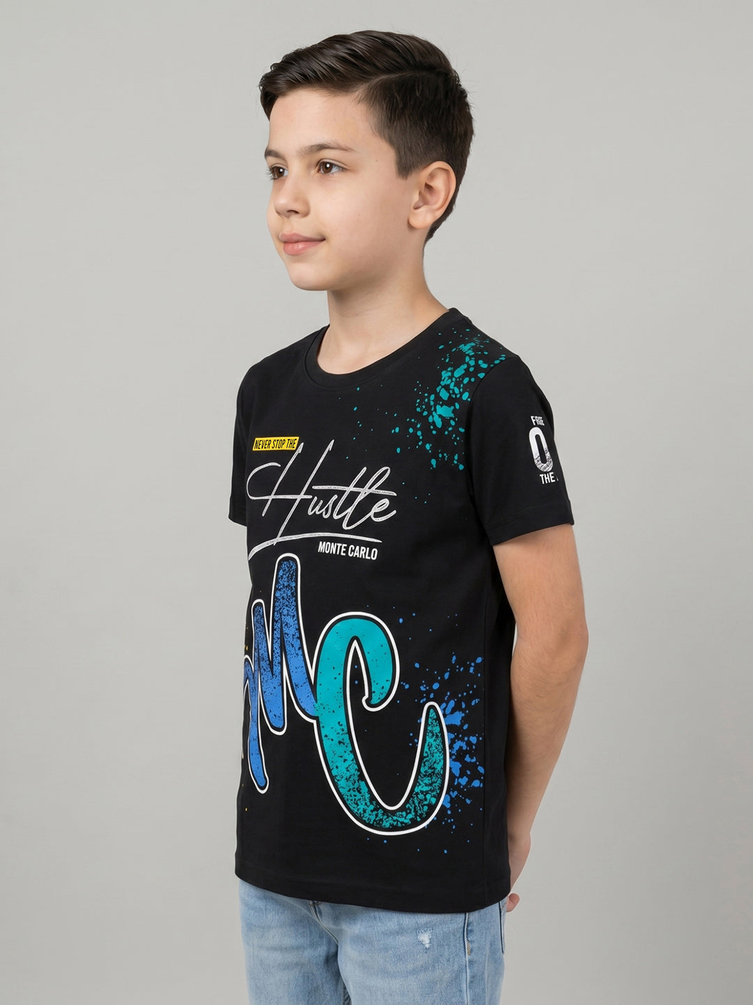 Boys Black Printed Round Neck Half Sleeve T-Shirt