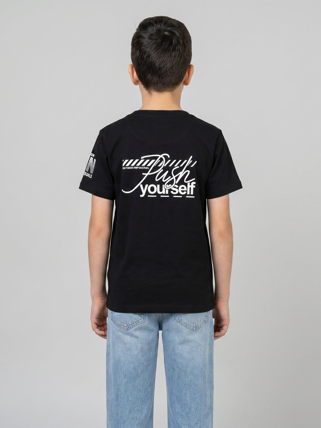 Boys Black Printed Round Neck Half Sleeve T-Shirt