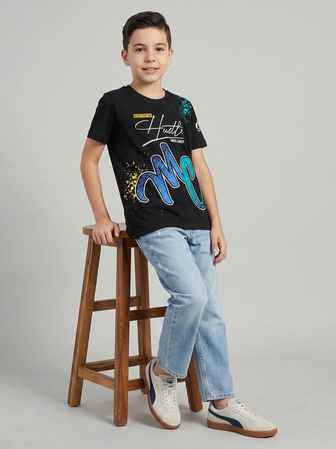 Boys Black Printed Round Neck Half Sleeve T-Shirt