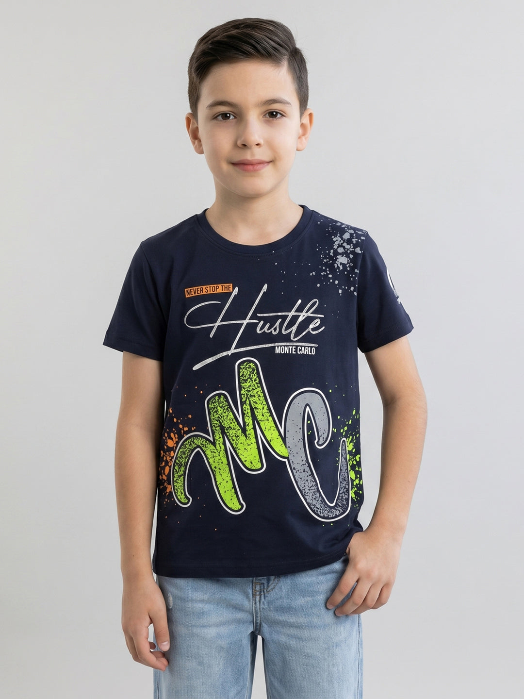 Boys Navy Blue Printed Round Neck Half Sleeve T-Shirt