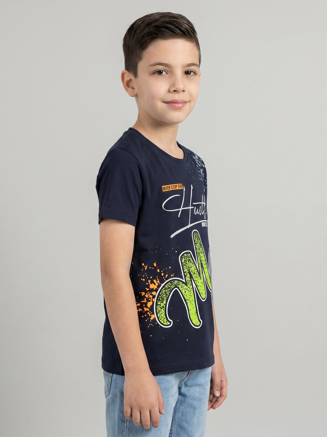 Boys Navy Blue Printed Round Neck Half Sleeve T-Shirt