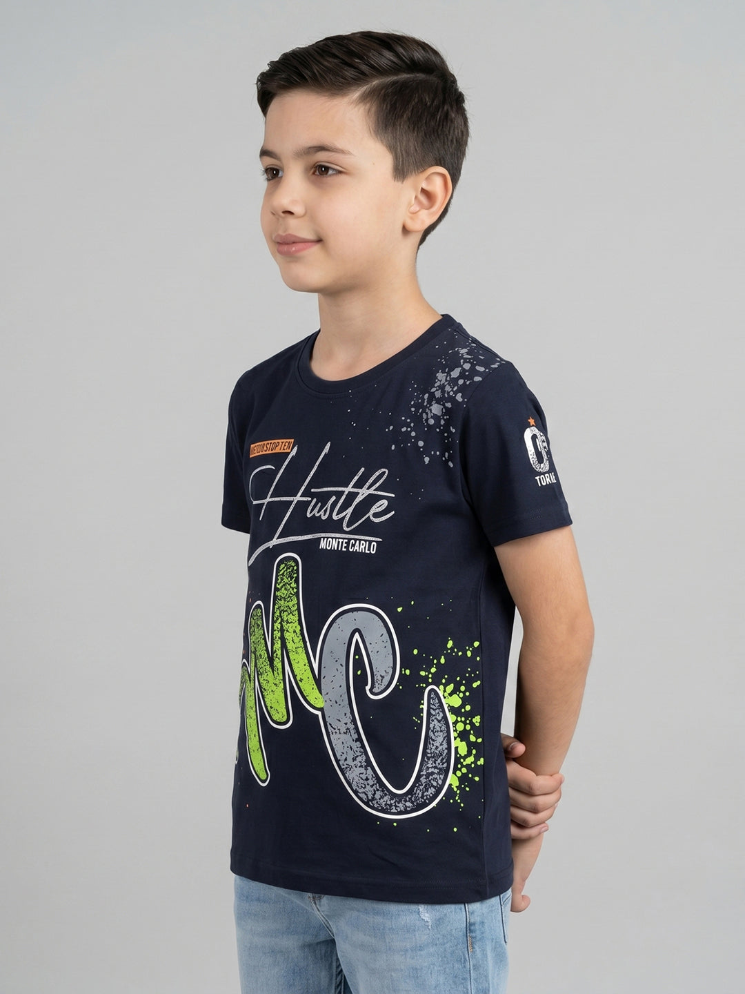 Boys Navy Blue Printed Round Neck Half Sleeve T-Shirt