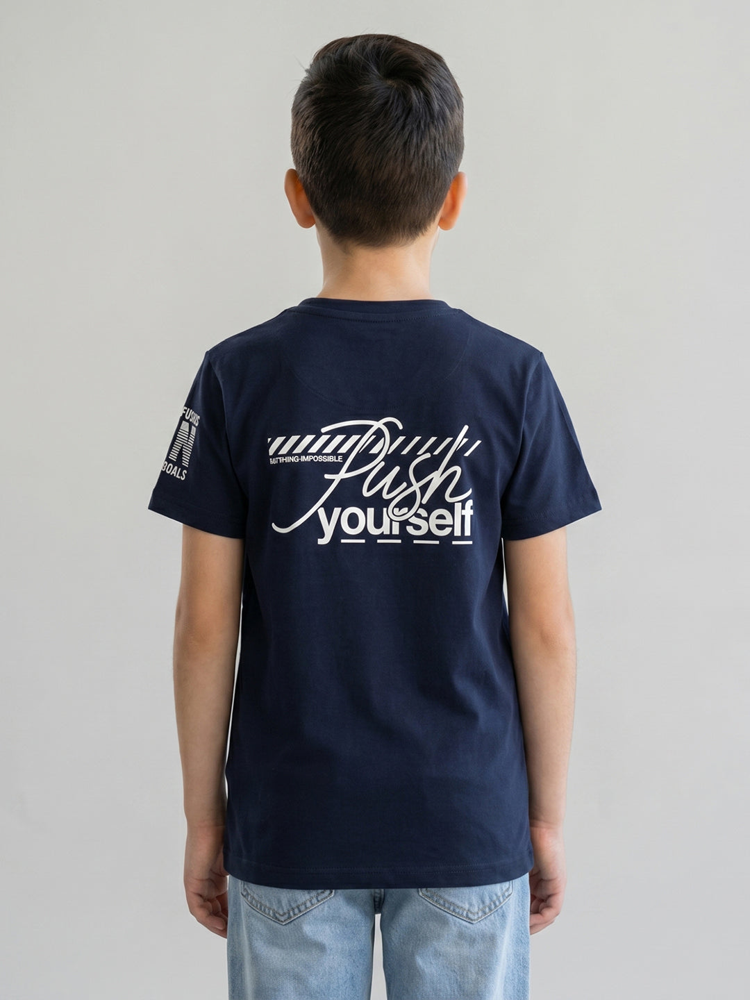 Boys Navy Blue Printed Round Neck Half Sleeve T-Shirt