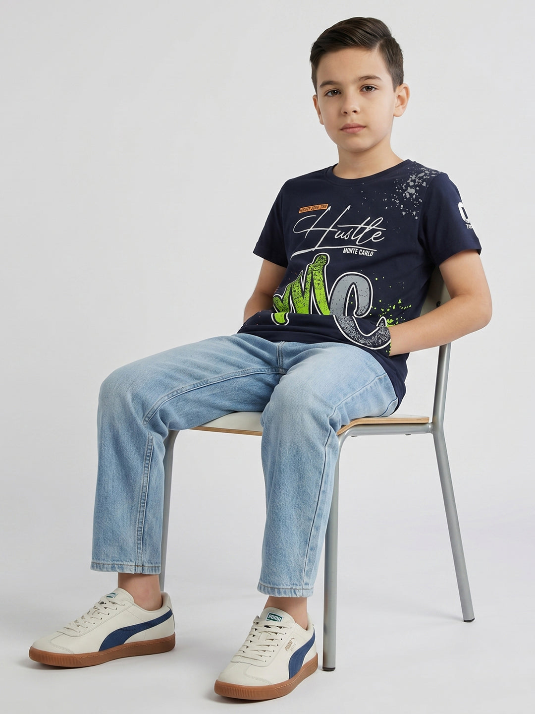 Boys Navy Blue Printed Round Neck Half Sleeve T-Shirt