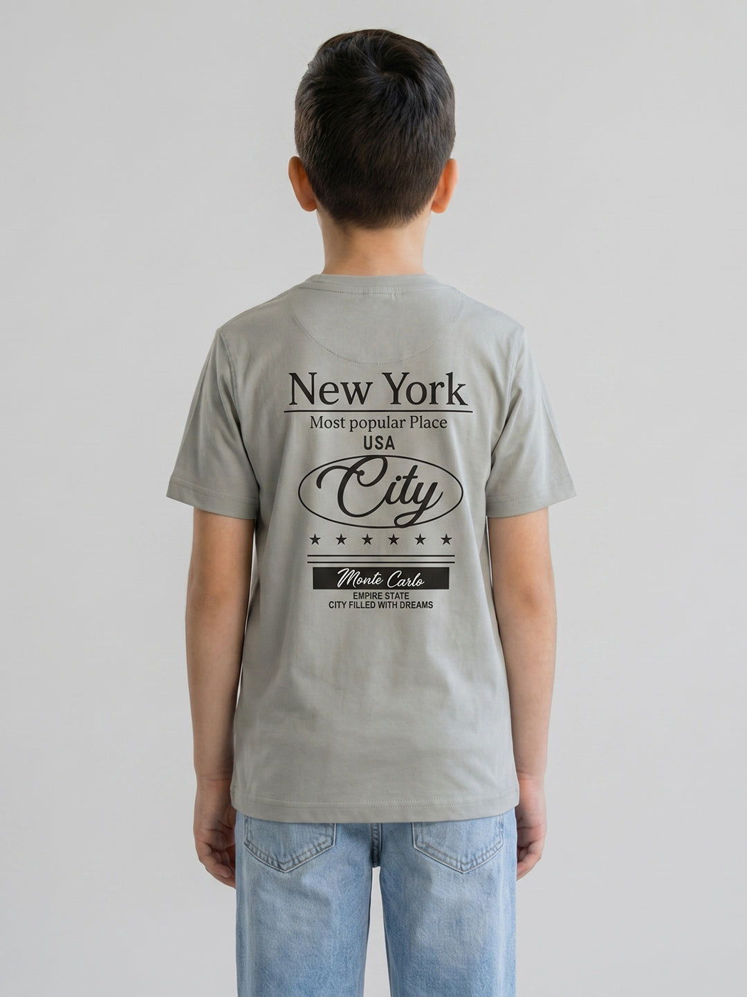 Boys Grey Printed Round Neck Half Sleeve T-Shirt