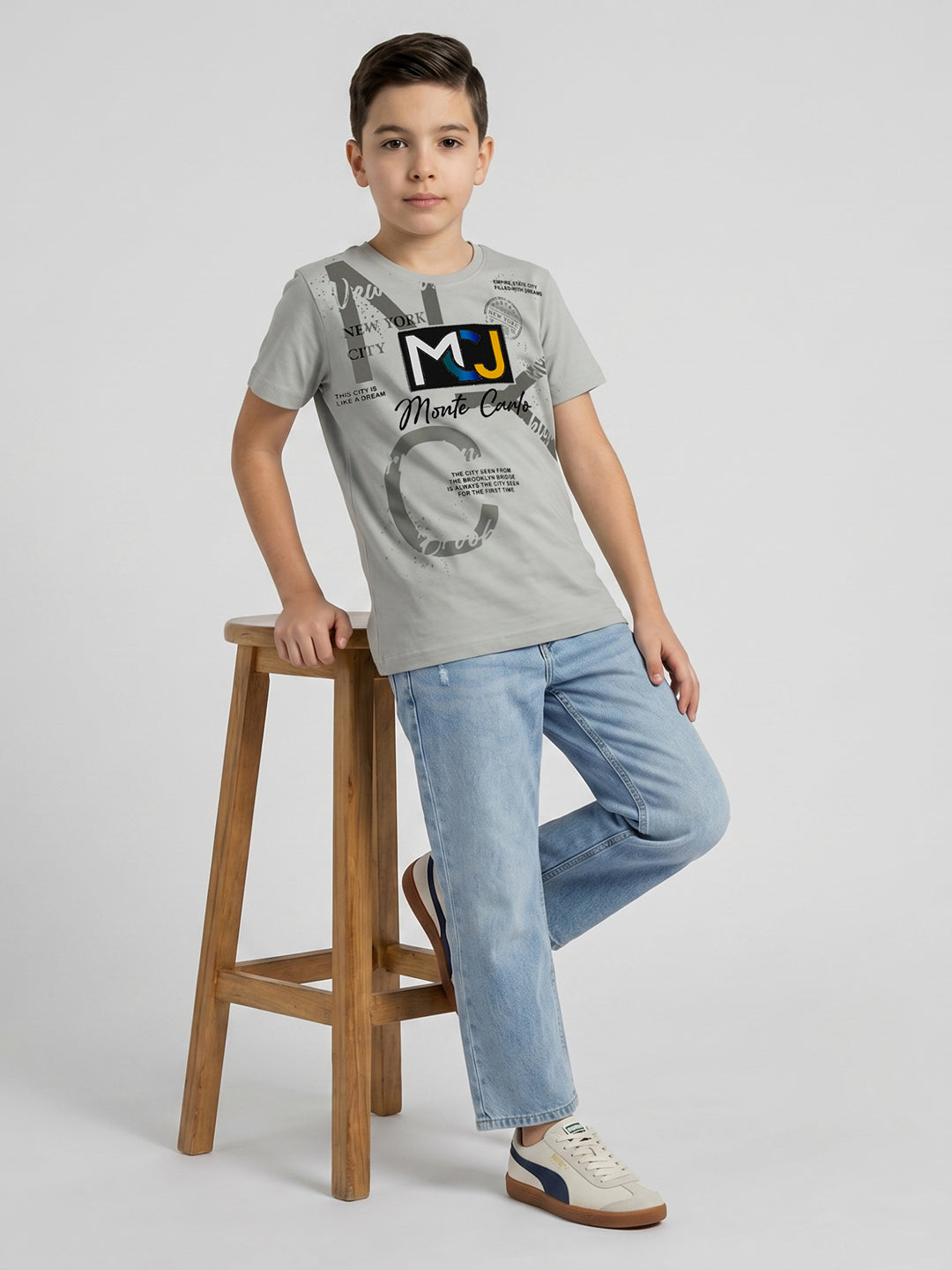 Boys Grey Printed Round Neck Half Sleeve T-Shirt