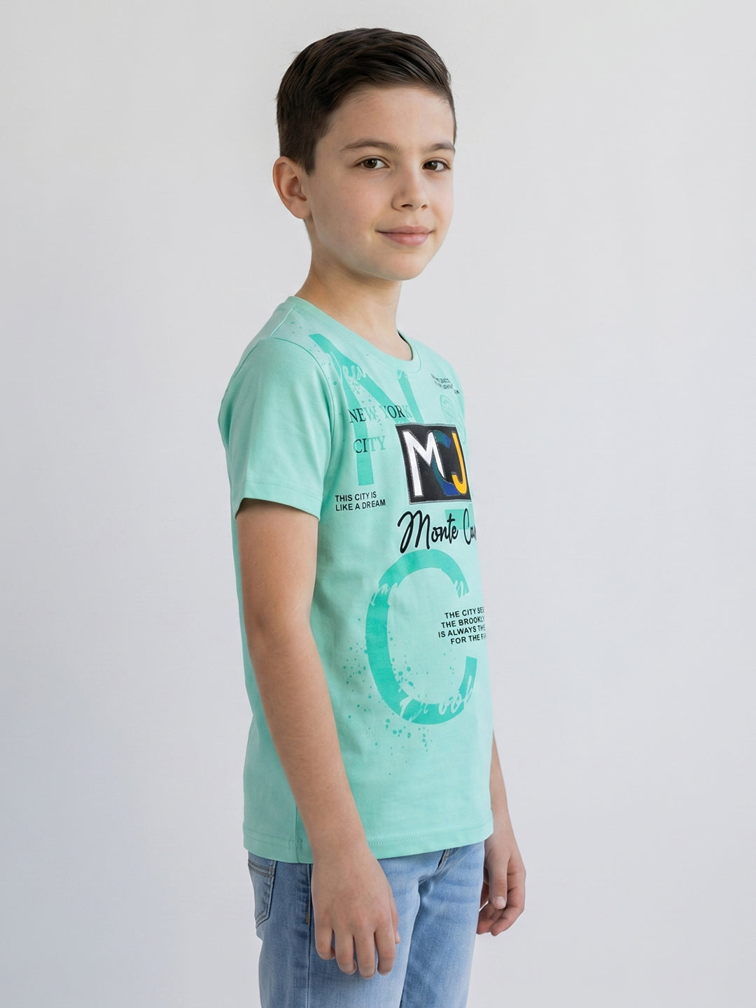 Boys Aqua Green Printed Round Neck Half Sleeve T-Shirt