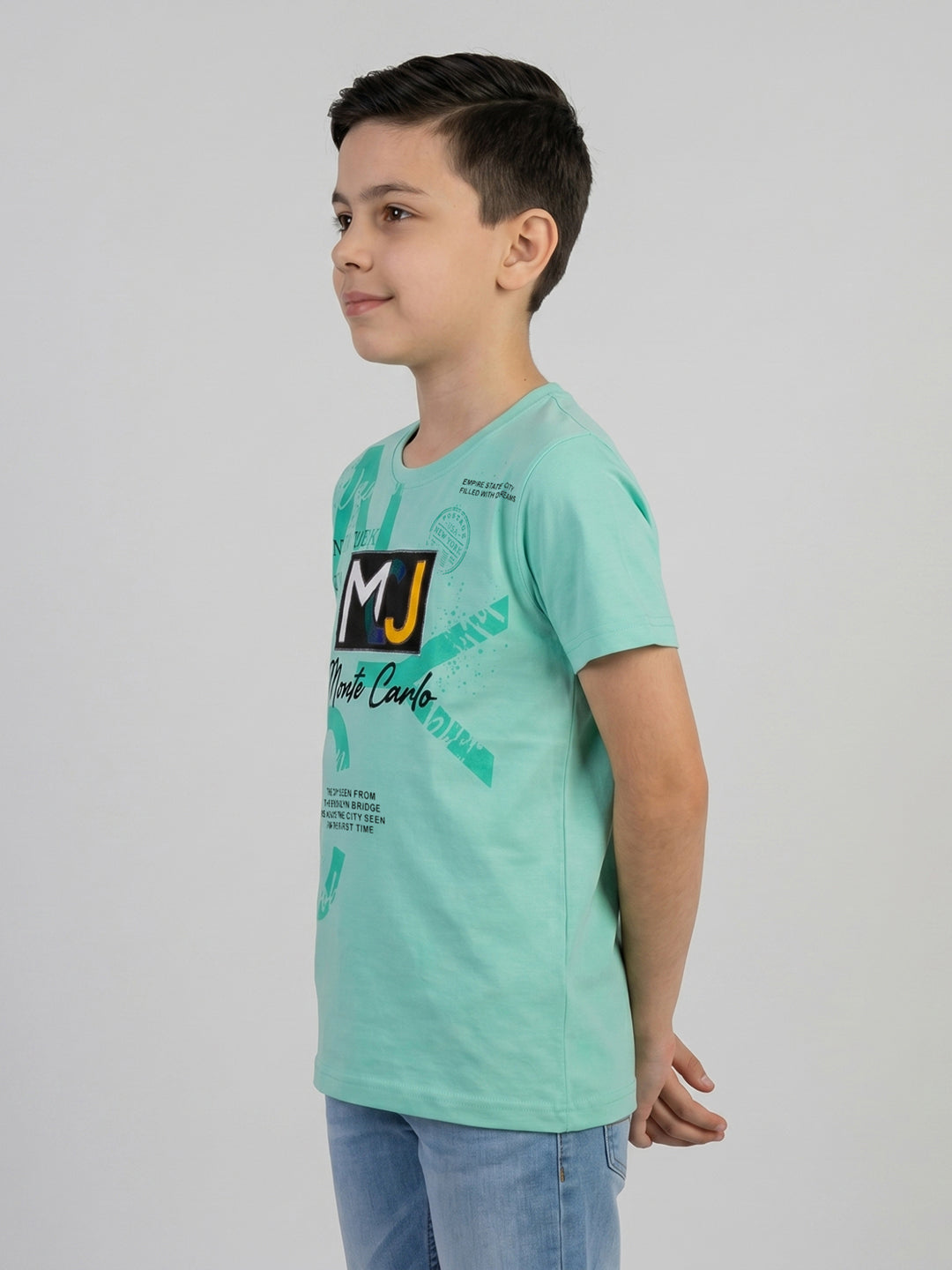 Boys Aqua Green Printed Round Neck Half Sleeve T-Shirt