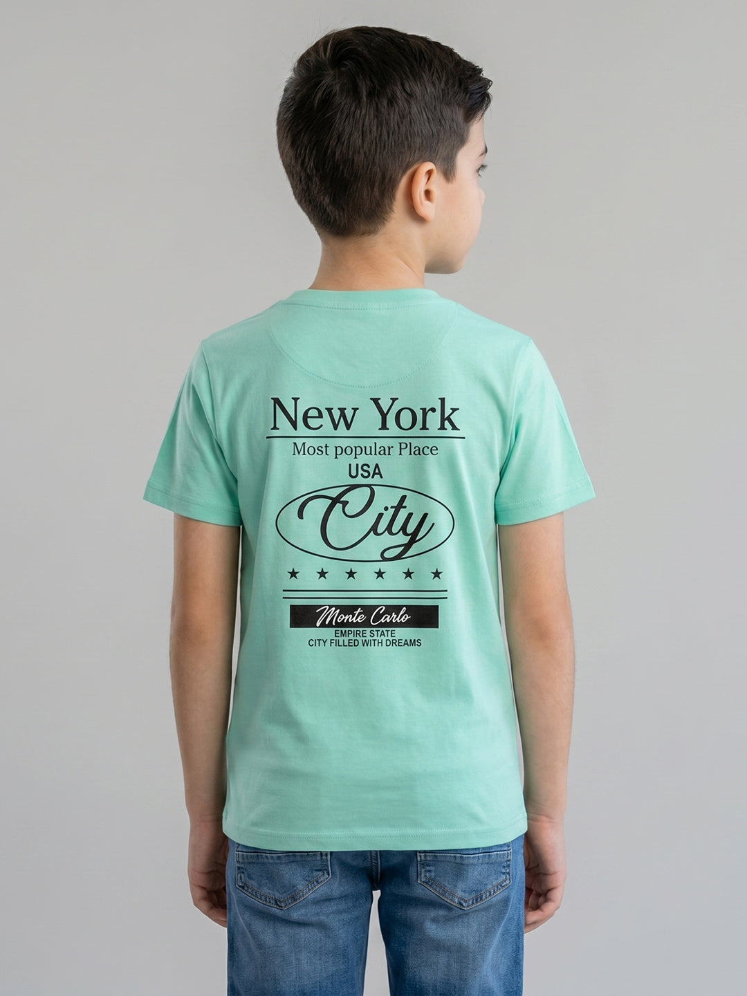 Boys Aqua Green Printed Round Neck Half Sleeve T-Shirt