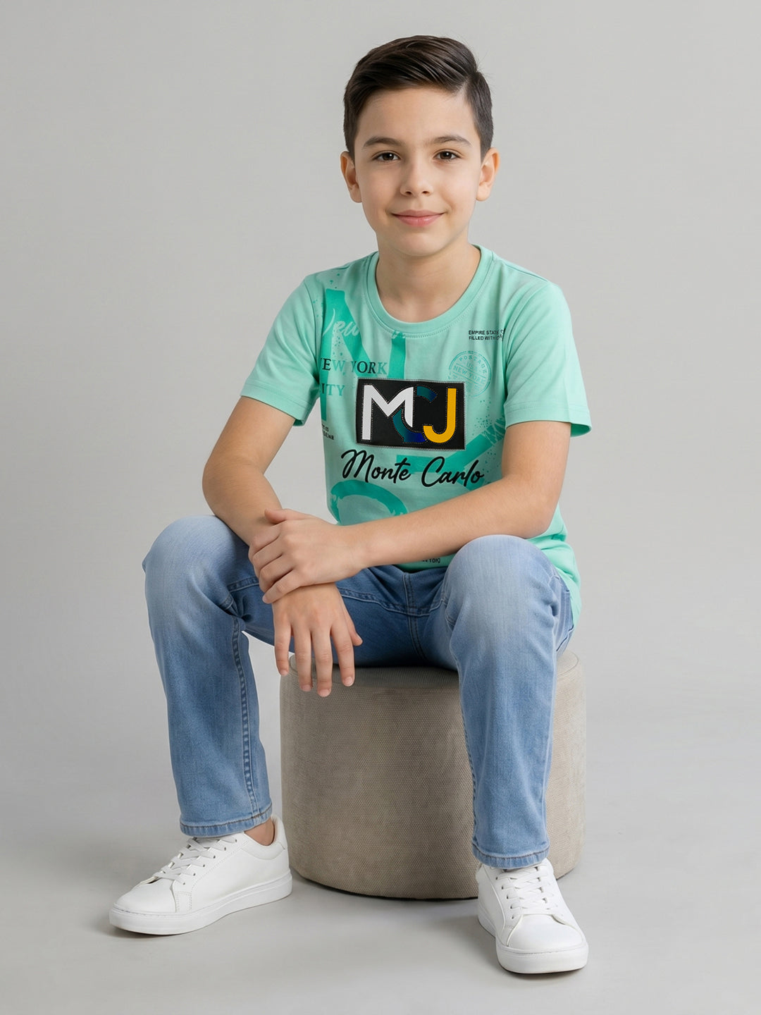 Boys Aqua Green Printed Round Neck Half Sleeve T-Shirt