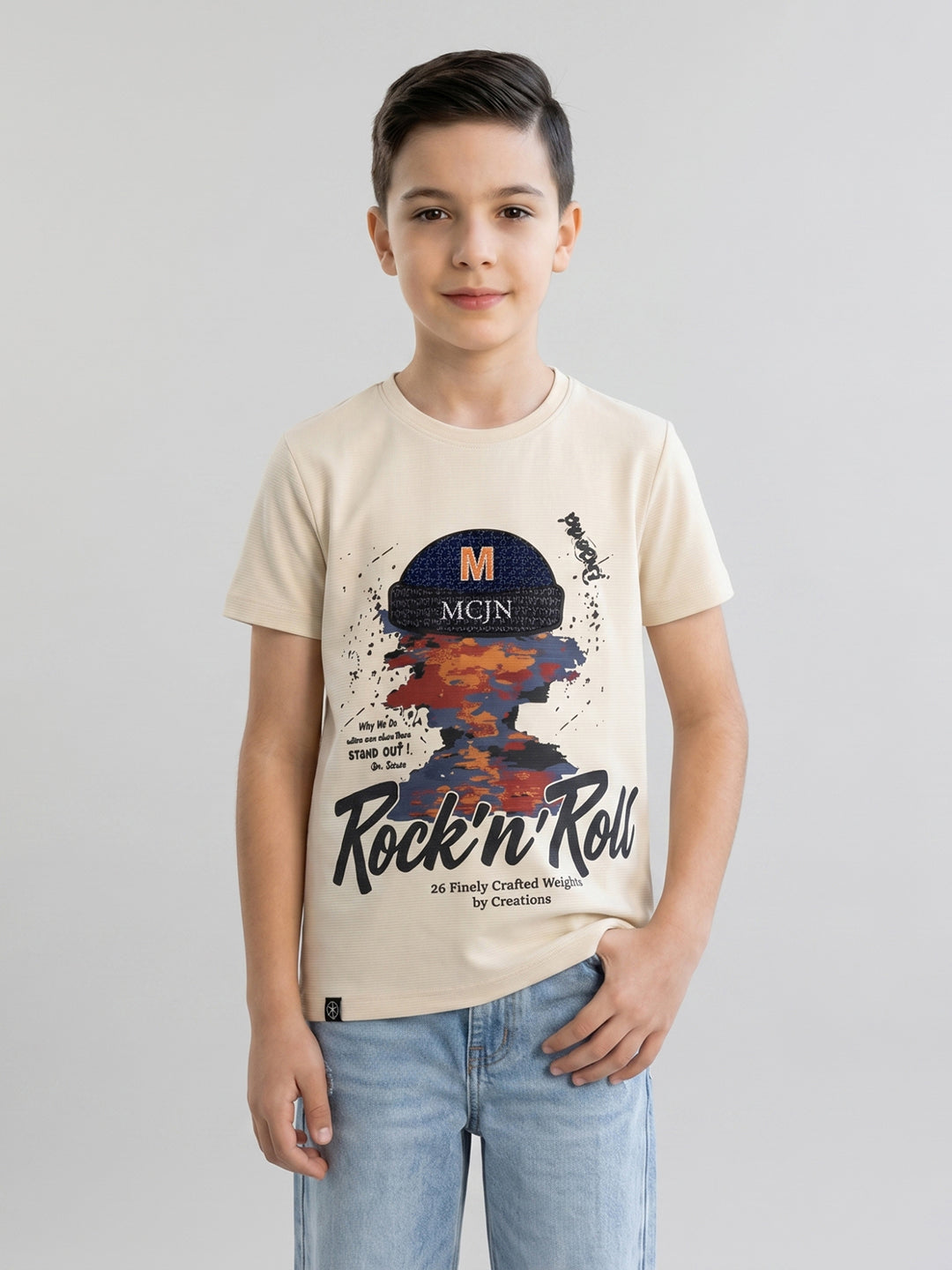 Boys Cream Printed Round Neck Half Sleeve T-Shirt