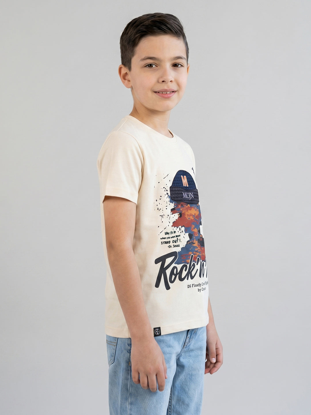 Boys Cream Printed Round Neck Half Sleeve T-Shirt