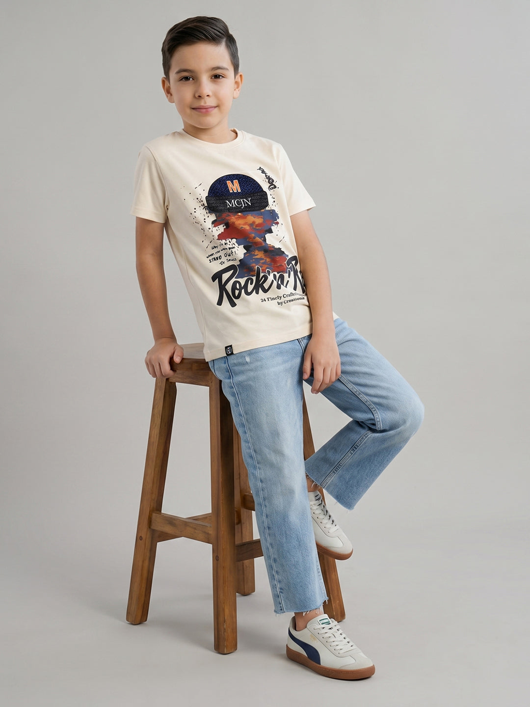 Boys Cream Printed Round Neck Half Sleeve T-Shirt