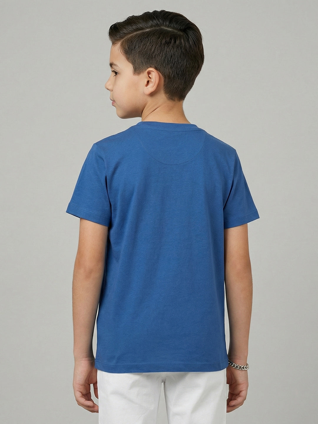 Boys Blue Printed Round Neck Half Sleeve T-Shirt