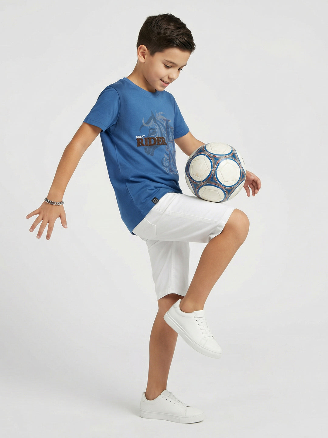 Boys Blue Printed Round Neck Half Sleeve T-Shirt