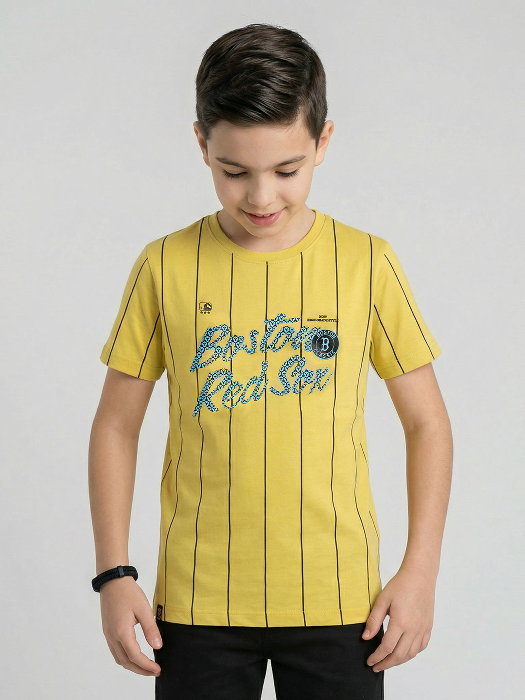 Boys Yellow Printed Round Neck Half Sleeve T-Shirt