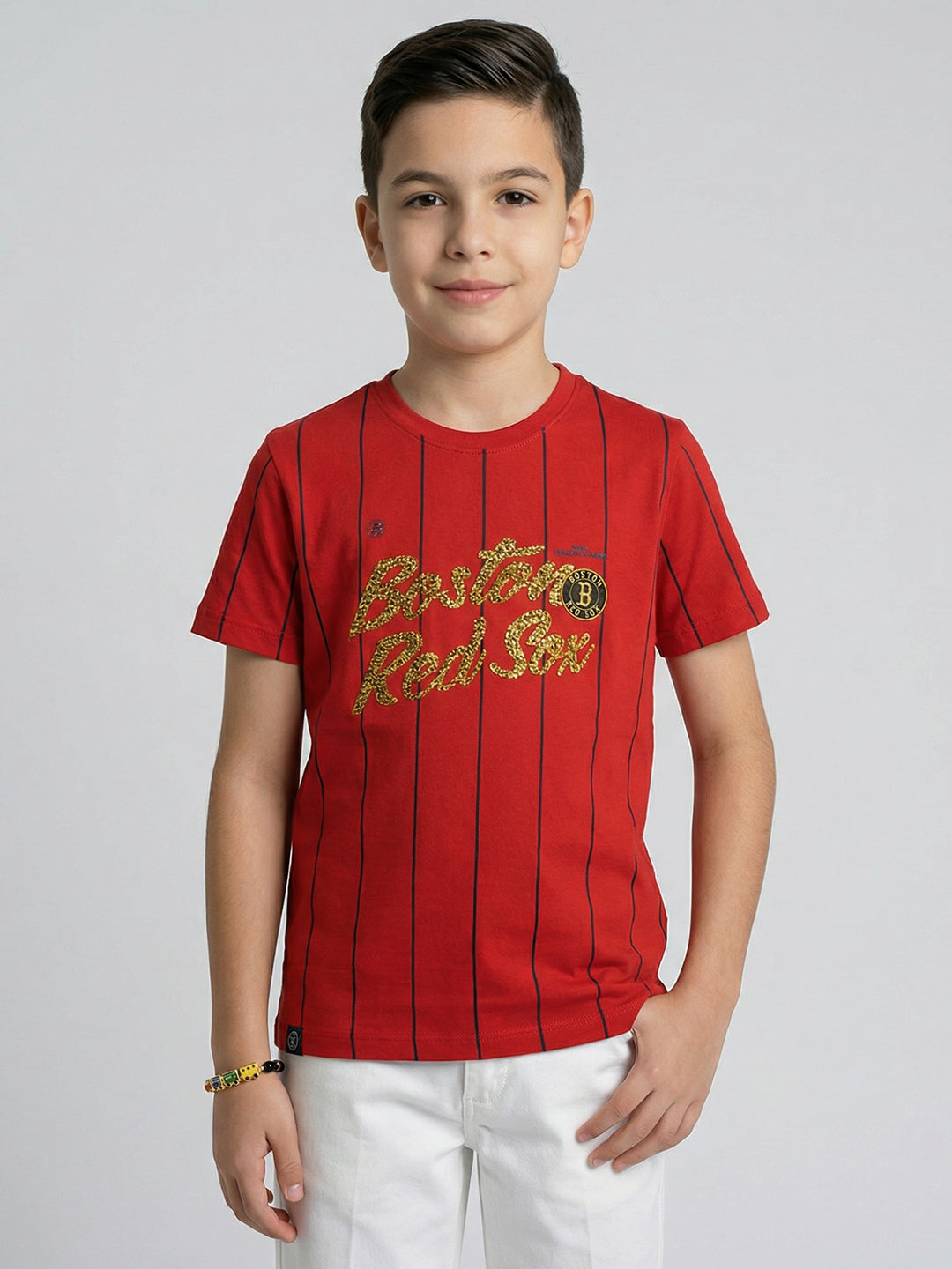 Boys Red Printed Round Neck Half Sleeve T-Shirt