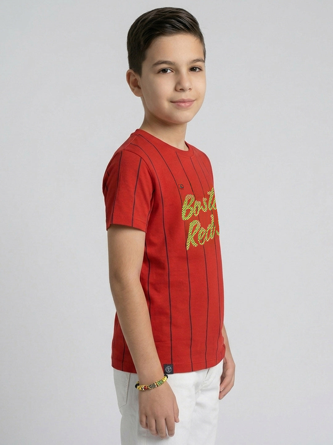 Boys Red Printed Round Neck Half Sleeve T-Shirt